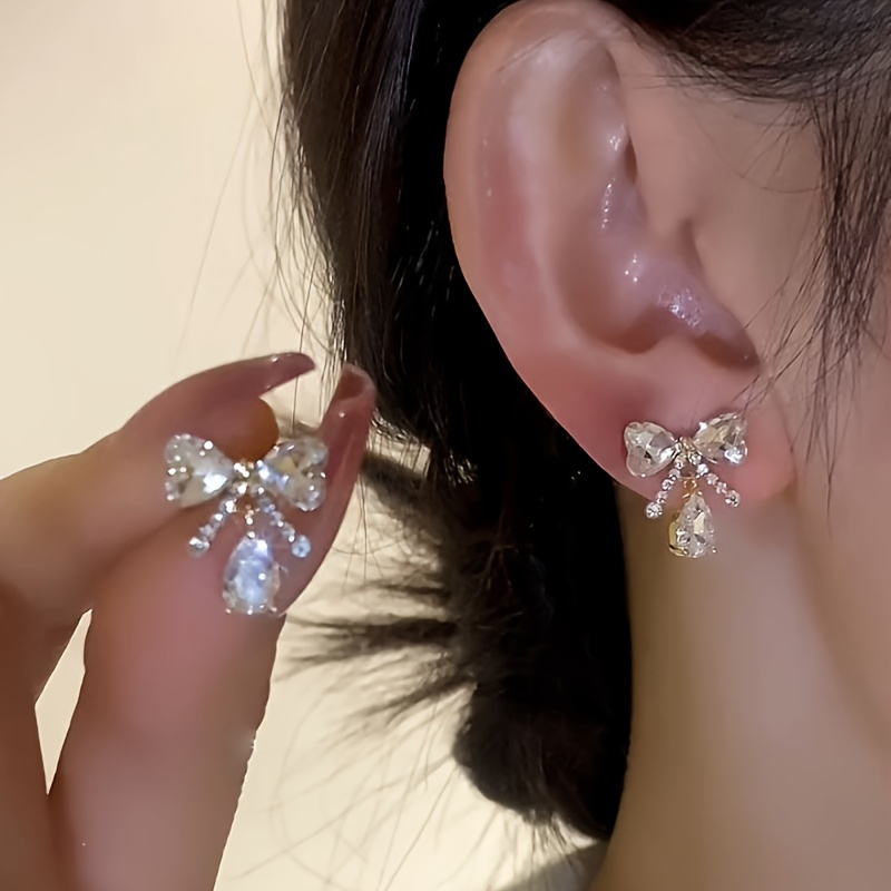 Bow & Water Drop Gemstone Earrings with Rhinestone Accents